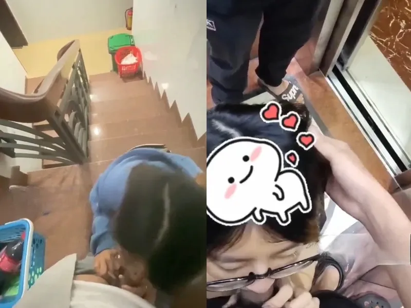 Em đang liếm chim thì thang máy có người vào, vừa hồi hộp vừa nứng